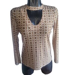 San Francisco Brown Patterned Retro Vibes Long Sleeve Top M